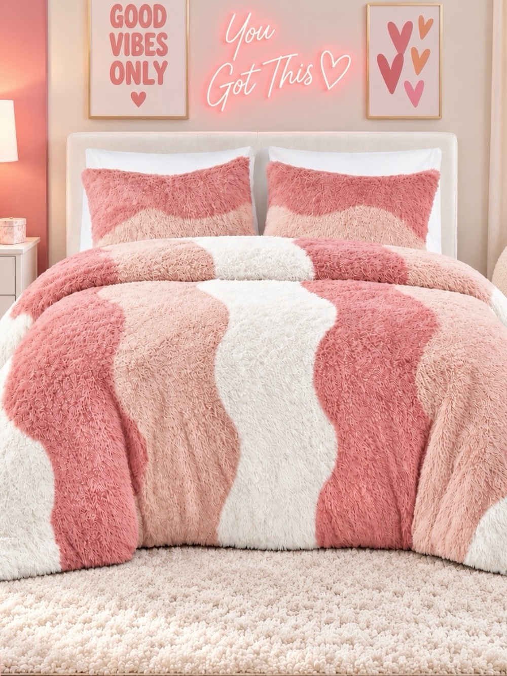 Intelligent Design Pink Shaggy Faux Fur Full Queen Comforter Set